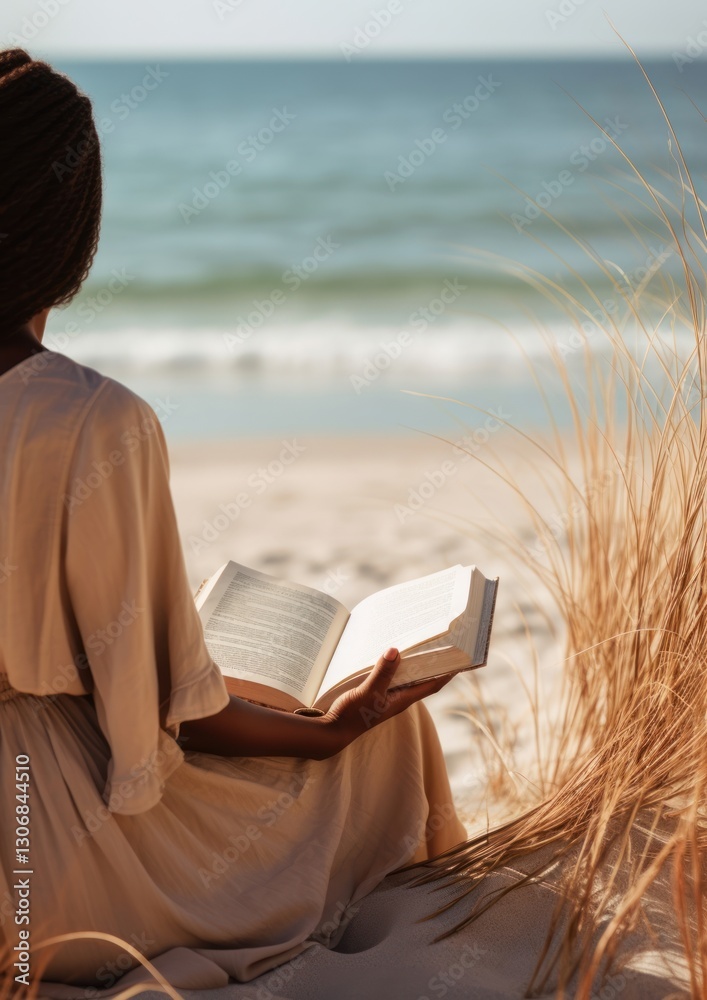 A person reading a book on the beach publication outdoors sitting. A person reading a book on the beach publication outdoors sitting.