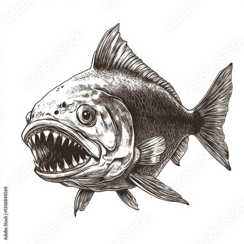 Detailed illustration of a fierce-looking fish with sharp teeth swimming in a stylized manner