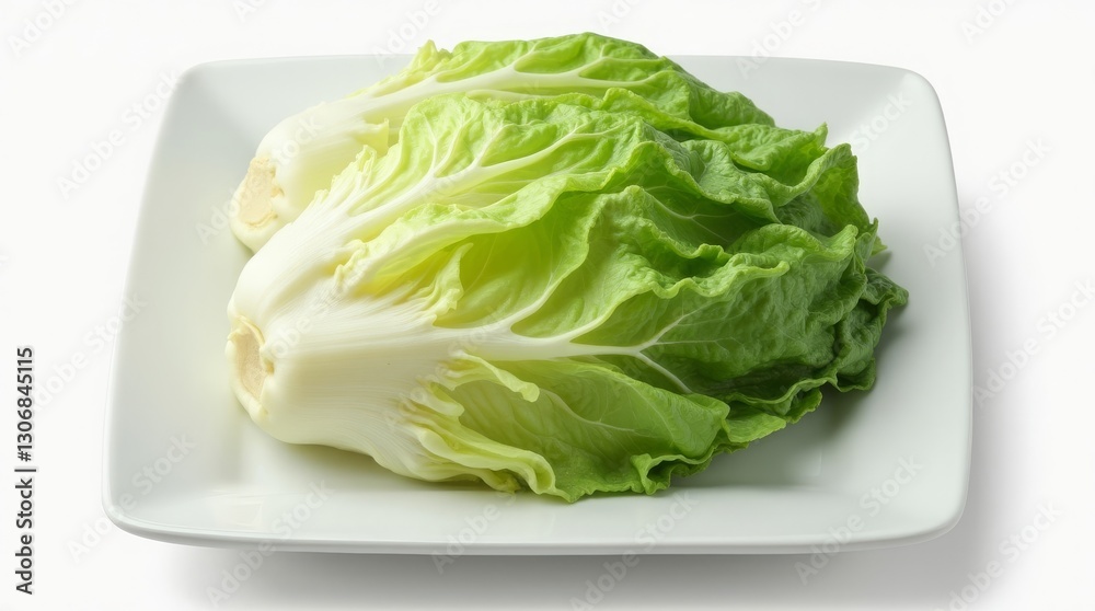 Whole lettuce heads on a square white plate, isolated Whole lettuce heads on a square white plate, isolated