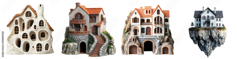 Obraz premium Collection of diverse architectural structures including cottages castles mansions and towers set in picturesque natural landscapes with mountains cliffs and forests
