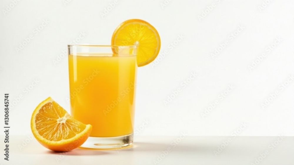 Refreshing Glass of Orange Juice with Fruit Slices on a White Background Refreshing Glass of Orange Juice with Fruit Slices on a White Background