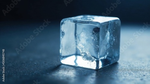A single, translucent ice cube rests on a dark surface, showcasing its crystalline structure and internal imperfections, a study in cool, refreshing minimalism.