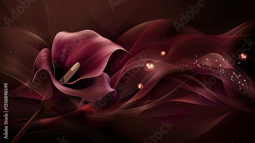 An abstract illustration of a red flower with swirling lines and gold accents.