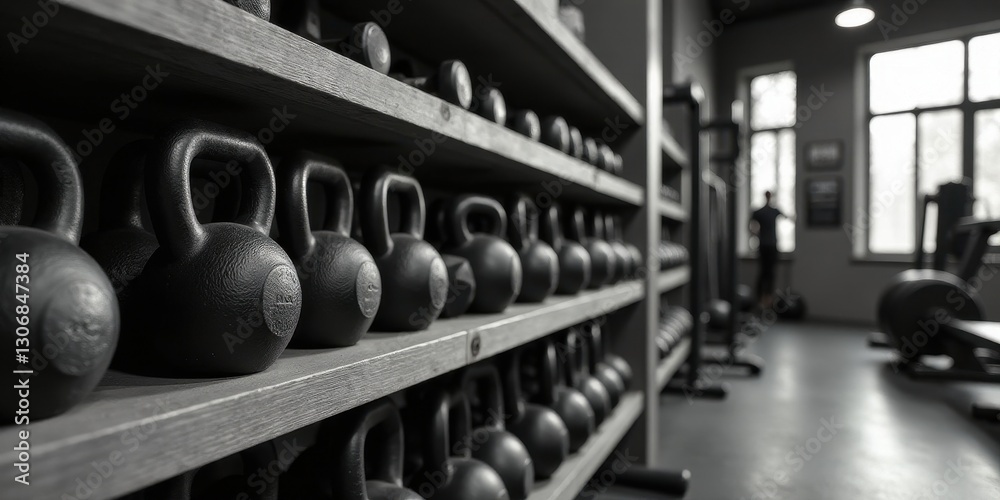 Rows of heavy kettlebells and dumbbells neatly arranged on wooden shelves in a fitness center Rows of heavy kettlebells and dumbbells neatly arranged on wooden shelves in a fitness center
