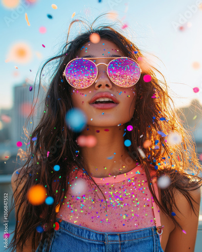 A young woman smiles, wearing sunglasses and colorful clothing with confetti falling, embodying festivity and youthful exuberance.