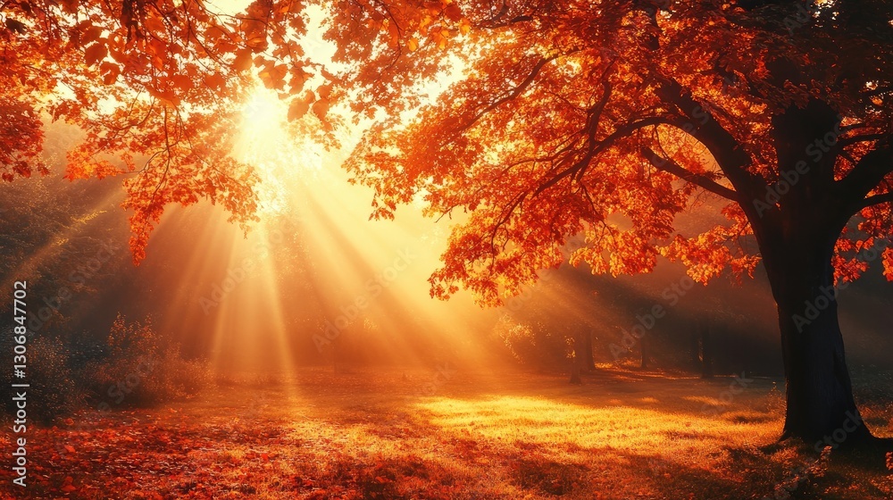 Sunlight streaming through tall autumn trees in forest, creating long shadows golden glow. The colorful foliage in shades of orange, yellow, red enhances the warm, serene atmosphere. Generative AI Sunlight streaming through tall autumn trees in forest, creating long shadows golden glow. The colorful foliage in shades of orange, yellow, red enhances the warm, serene atmosphere. Generative AI