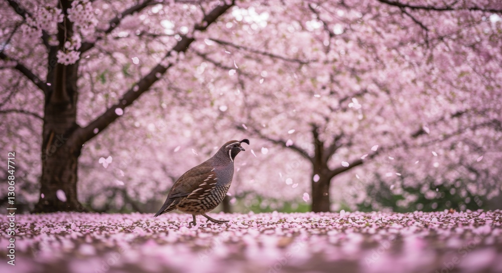 A quail walking among blooming cherry blossom trees, surrounded by falling petals in a serene park - codornices codorniz A quail walking among blooming cherry blossom trees, surrounded by falling petals in a serene park - codornices codorniz