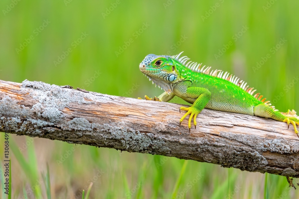 A juvenile green iguana resting on a branch, its sharp claws gripping the bark A juvenile green iguana resting on a branch, its sharp claws gripping the bark