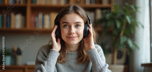 Smiling woman with headphones in video call. Brunette female talking online in conference. Pretty girl with hand on headset enjoys audio listening. Remote studying, e-learning and telecommunication.