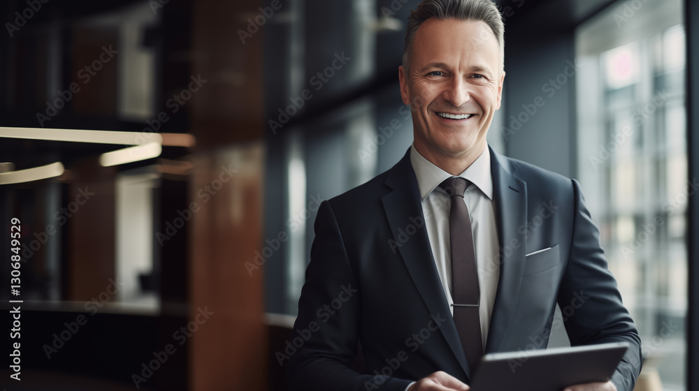 Fototapeta premium Elegant Middle-Aged Financial Executive Using Digital Tablet in Modern Office