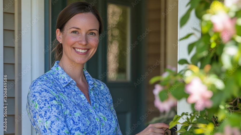 Joyful Woman with Flowers at Front Door Smiling Happily Joyful Woman with Flowers at Front Door Smiling Happily