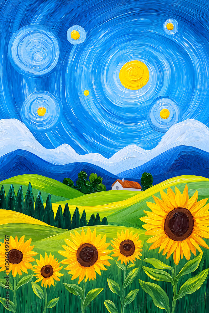 Fototapeta premium Yellow and blue colors painting of sunflower meadow