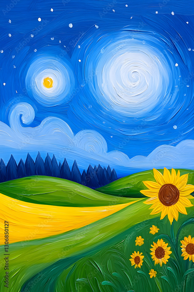 Fototapeta premium Yellow and blue colors painting of sunflower meadow