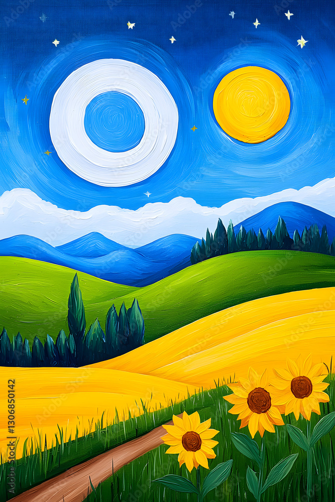 Fototapeta premium Yellow and blue colors painting of sunflower meadow