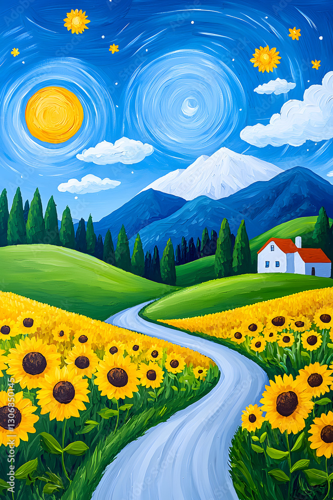 Fototapeta premium Yellow and blue colors painting of sunflower meadow