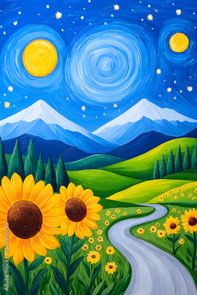 Fototapeta premium Yellow and blue colors painting of sunflower meadow