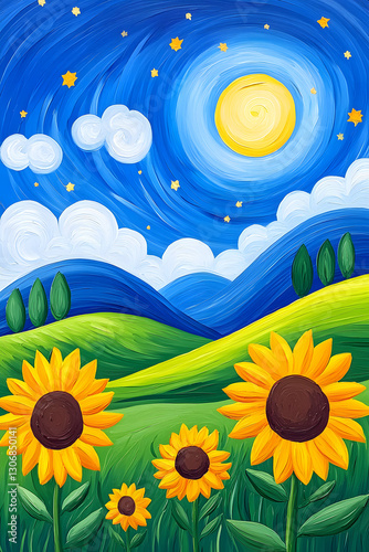Yellow and blue colors painting of sunflower meadow