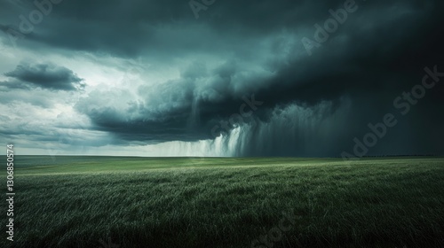 Stormy clouds with lightning illuminating the sky over a vast grassy field. The dramatic contrast between dark clouds and bright lightning captures the raw power of nature. Generative AI