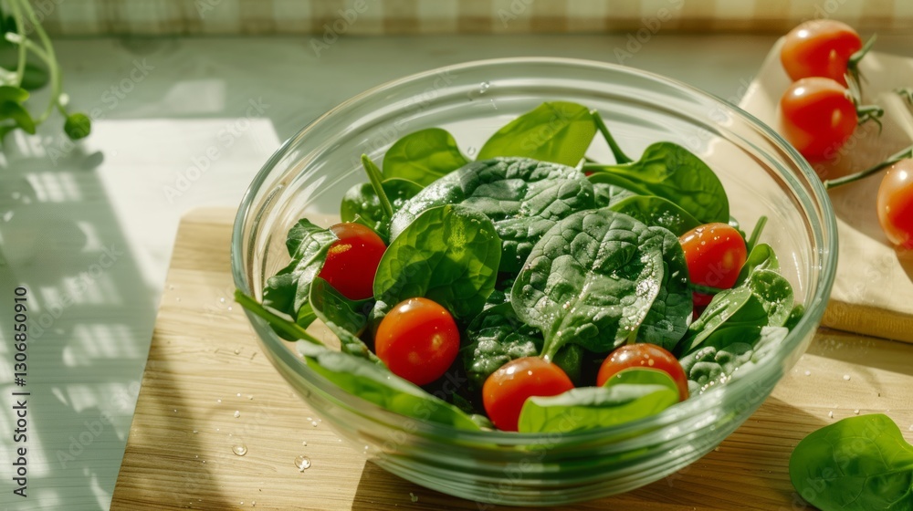 Spinach Salad In A Rustic Farmhouse Kitchen. A vibrant spinach salad with cherry tomatoes on a wooden farmhouse table. Spinach Salad In A Rustic Farmhouse Kitchen. A vibrant spinach salad with cherry tomatoes on a wooden farmhouse table.