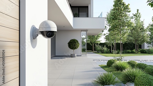 Modern security camera outside sleek building, surrounded by lush green landscape, ensuring safety and surveillance.