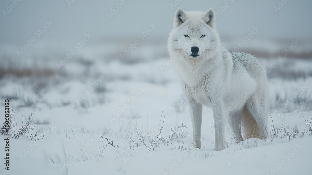 Obraz premium Majestic Arctic Wolf Standing in Snowy Landscape with Frosty Atmosphere and Soft Focus Background in Cold Climate
