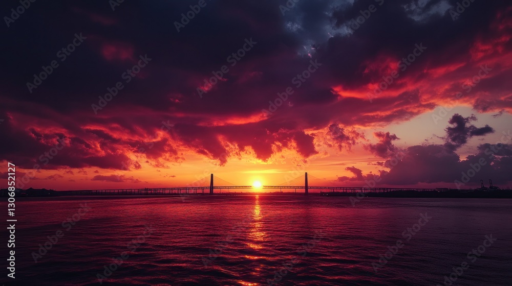 Dramatic Sunset over Water with Bridge Dramatic Sunset over Water with Bridge