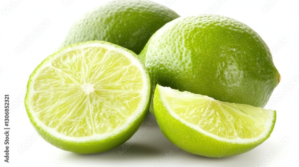 Several green limes including a cut one displayed on white Several green limes including a cut one displayed on white