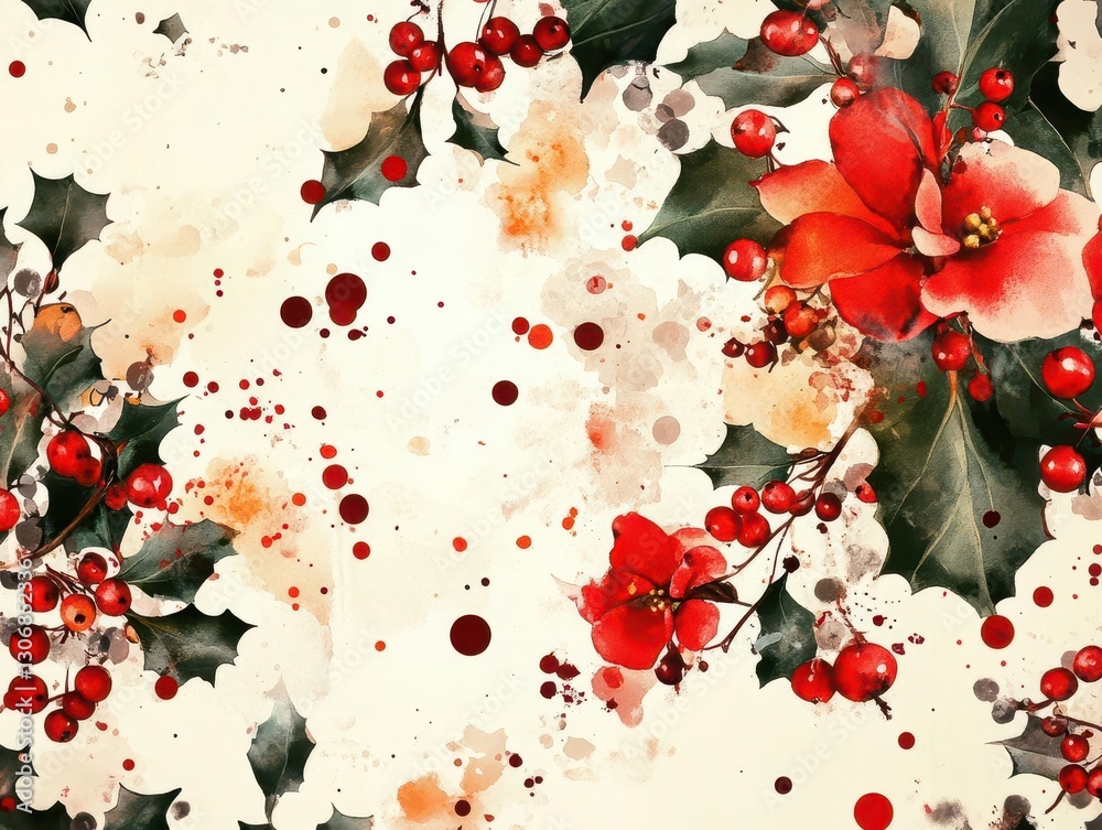 Fototapeta premium Vibrant Floral Background with Red Berries and Holiday Flowers