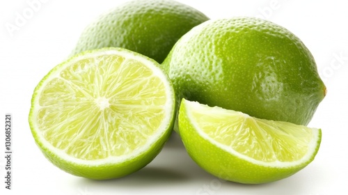 Several green limes including a cut one displayed on white