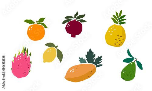 Set of tropical fruits. Matisse paper scissors cutting style. vegetarian healthy food items. Avocado, lemon, pomegranate, pineapple, orange, papaya, dragon fruit. Vector isolated on white