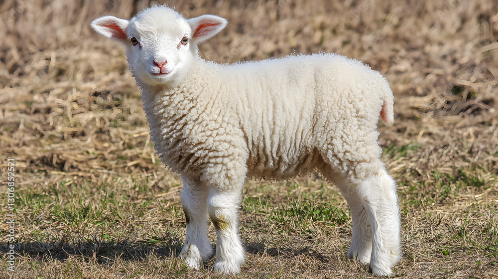 Obraz premium Fluffy lamb standing in a field, its wool glistening in the sun. Innocence and purity in nature's embrace.