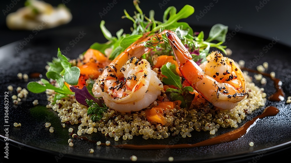 Grilled shrimp on a bed of quinoa and mixed greens,