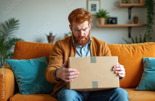 Dissatisfied customer unpacking parcel, feels upset and confused by wrong delivery from online store. Redhead man unpacks bad quality purchase at home on couch. Frustrated shopper with damaged order.