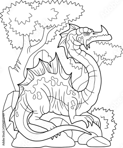 cartoon carnivorous dragon, coloring book, funny illustration