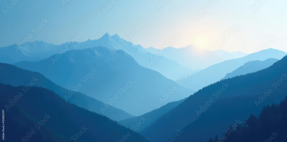 Obraz premium Calming abstract blue and white gradient background with a cool spotlight on a misty mountain range, calm, mist, nature