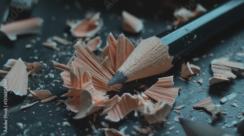 Close-up of a pencil with a sharpened tip. the pencil is lying on a black surface with shavings scattered around it.