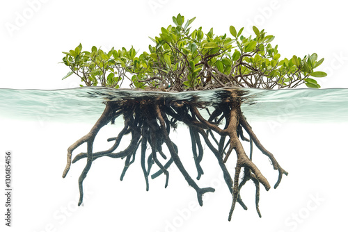 Mangrove roots tangled in brackish water isolated on transparent white background