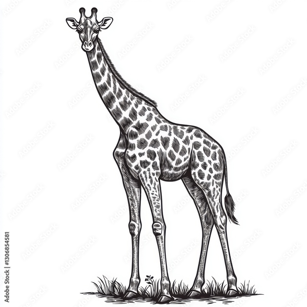 Obraz premium Detailed illustration of a standing giraffe in a natural setting, showcasing its unique patterns and posture