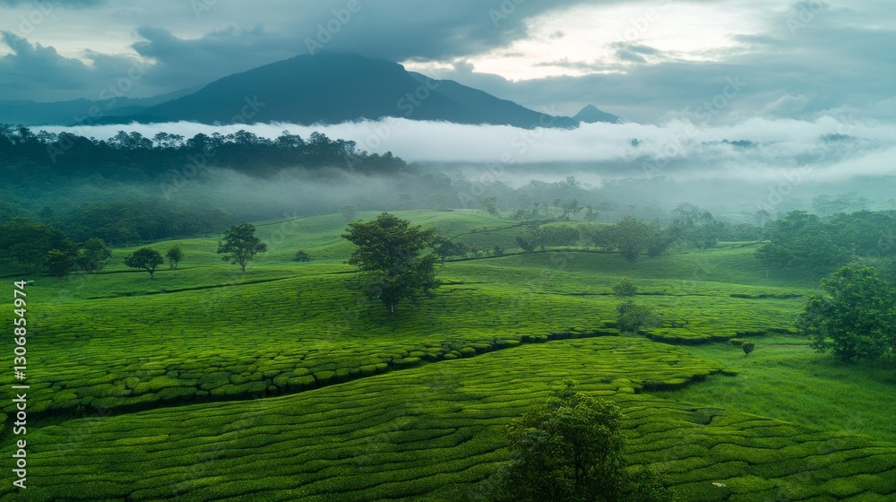 Fototapeta premium Lush Green Tea Plantation Landscape Under Cloudy Sky in Morning