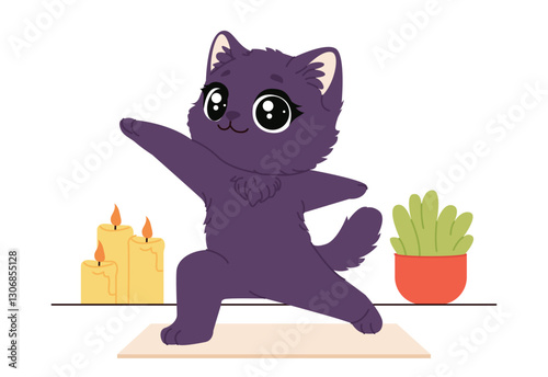 A cute gray cat in tree pose is practicing yoga on a mat. There are lit candles and a green potted plant nearby. Illustration in chibi style with soft colors. Perfect for posters and merch.
