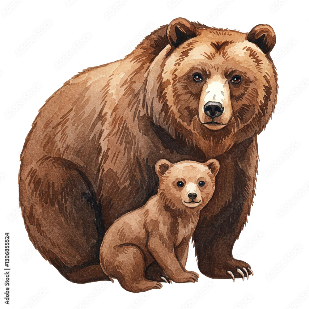 Fototapeta premium Brown bear with cute baby, watercolour style clipart isolated on a transparent background