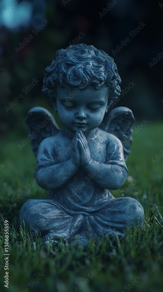 A serene angel statue with delicate features, sitting in prayer on green grass, evoking peace and spirituality in a tranquil outdoor setting. A serene angel statue with delicate features, sitting in prayer on green grass, evoking peace and spirituality in a tranquil outdoor setting.