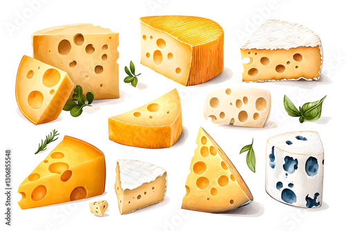 Hand drawn watercolor different kinds of cheese pieces bundle isolated on white background