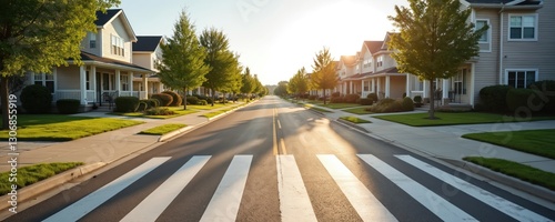 Highlight of traffic calming in suburb, promoting cyclist safety, pedestrian safety. Residential neighborhood street view. Crosswalk markings ensure safer crossing, encourage public walk, green