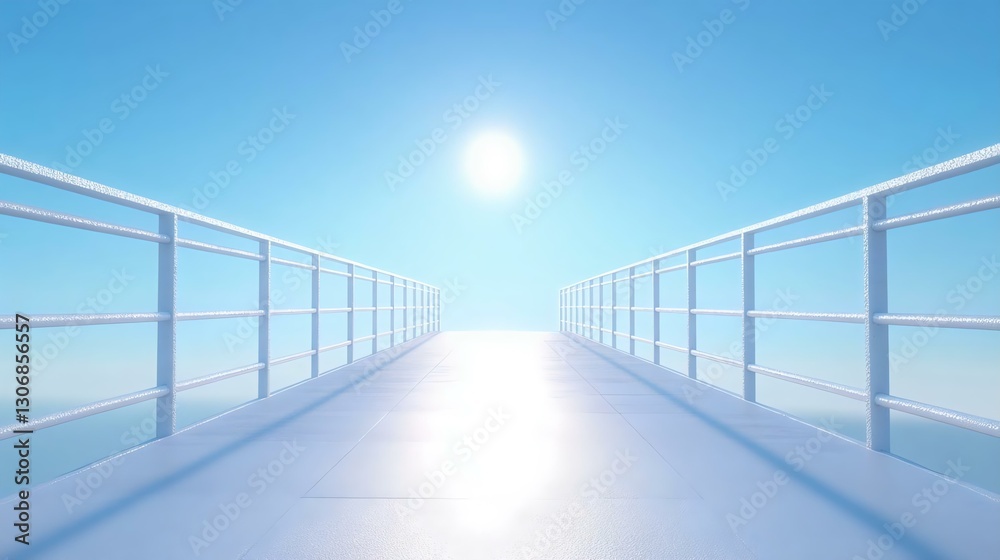 Fototapeta premium A serene, sunlit pathway extends toward the horizon against a bright blue sky, symbolizing hope and endless possibilities.