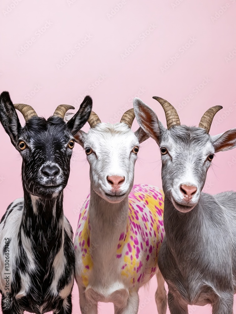 La escena muestra tres cabras con diferentes colores y patrones, sonriendo ante un fondo rosa.