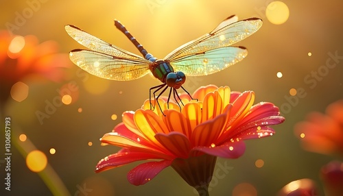 In a sun-kissed moment, a dragonfly, resplendent in shimmering metallic hues of emerald and sapphire, hovers gracefully above a bloom that bursts forth with radiant petals, painted in fiery reds