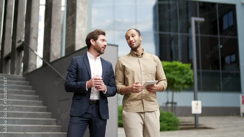 Two professional businessmen communicate while walking outside near office building. Male colleagues talk exchanging ideas for project development. Teamwork, communication and business collaboration