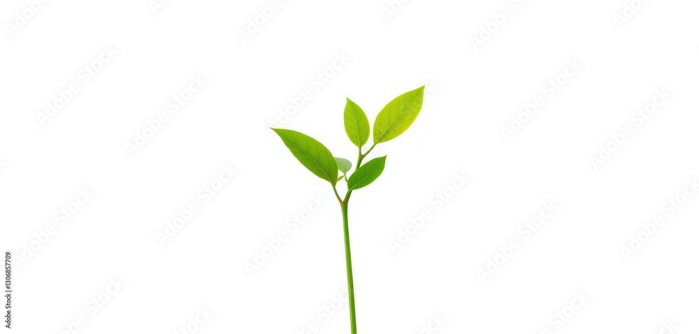Fototapeta premium Single vibrant green plant, isolated on pure white backdrop, close-up, backdrop