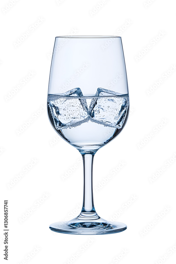 Sparkling water with ice cubes in a wine glass isolated on white Sparkling water with ice cubes in a wine glass isolated on white